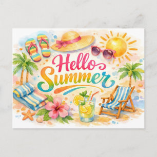 Hello Summer Watercolor Tropical Beach  Postcard