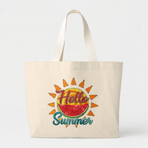 Hello Summer Watercolor Watermelon and Sun Large Tote Bag