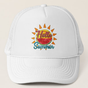 Hello Summer Watercolor Watermelon and Sun Trucker Hat