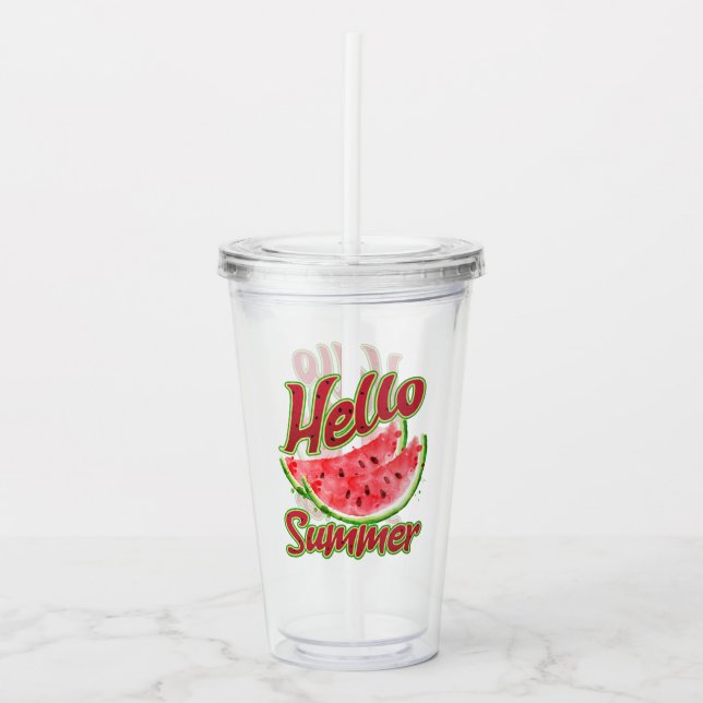 Hello Summer | Watercolor Watermelon Design Acrylic Tumbler (Front)