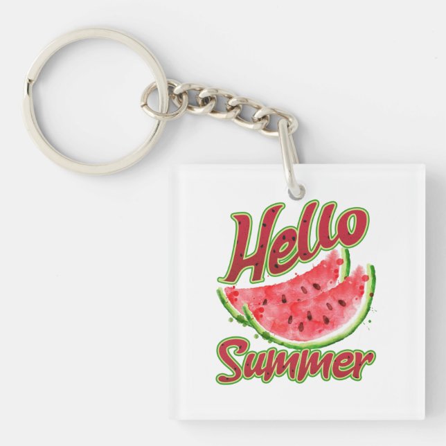 Hello Summer | Watercolor Watermelon Design Keychain (Front)