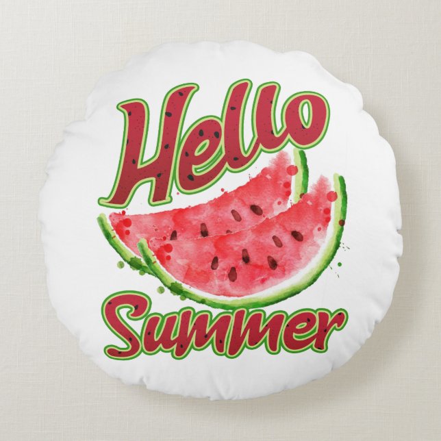 Hello Summer | Watercolor Watermelon Design Round Pillow (Front)