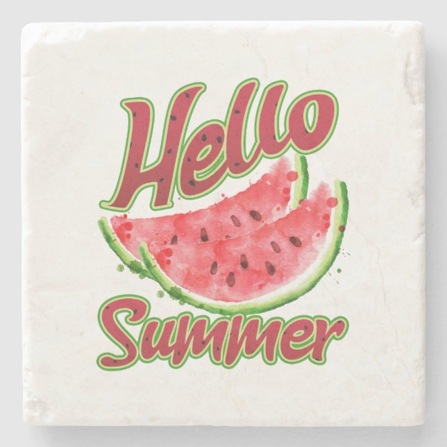 Hello Summer | Watercolor Watermelon Design Stone Coaster (Front)