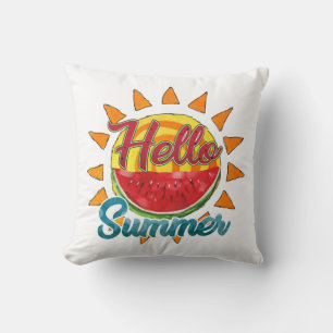 Hello Summer Watercolor Watermelon & Vibrant Sun Throw Pillow