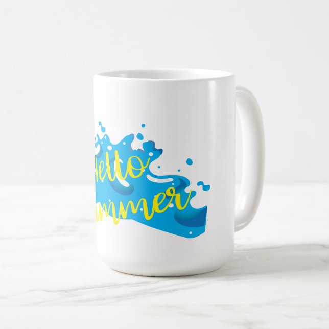 Hello Summer, Waves Graphic, Cool White Coffee Mug (Front Right)
