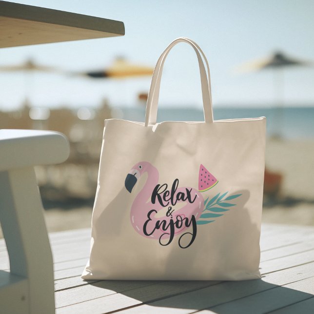 Hello Summer with Flamingo Tropical Tote Bag (hello summer, beach tote bag, vacation tote bag, school tote bag, colorful typography, gift for her)