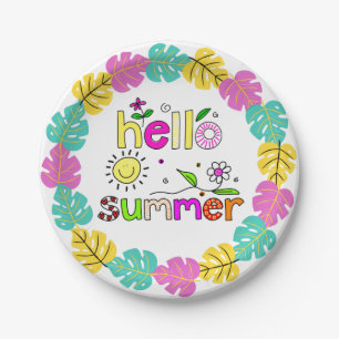 Hello Summer Word Art Tropical Palms 7" Paper Plate