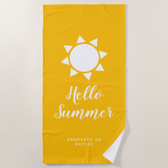 Hello Summer yellow beach towel with custom name (Front)