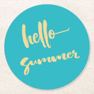 Hello Summer Yellow Blue Modern Script Round Paper Coaster