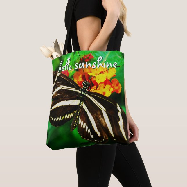 Hello Sunshine Black White Stripes Butterfly Photo Tote Bag (Close Up)