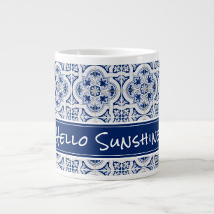 HELLO SUNSHINE Blue& White Sicilian Tile Large Coffee Mug
