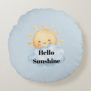 Hello Sunshine Blue Yellow Happy Sun Cloud Round Pillow
