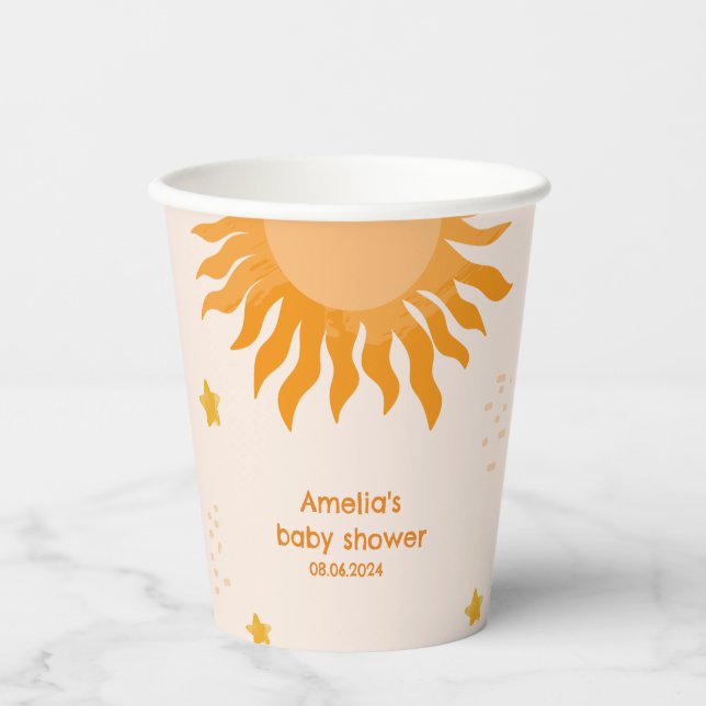 Hello sunshine boho watercolor Sun Baby Shower Paper Cups (Front)