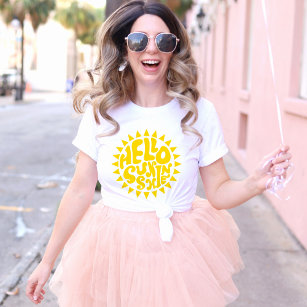 Hello Sunshine Lettering Yellow Sun Text Design T-Shirt