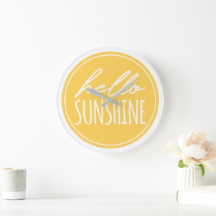 Hello Sunshine Quote Typography Yellow White Large Clock