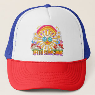 Hello Sunshine Retro Hippie Summer Rainbow Design Trucker Hat