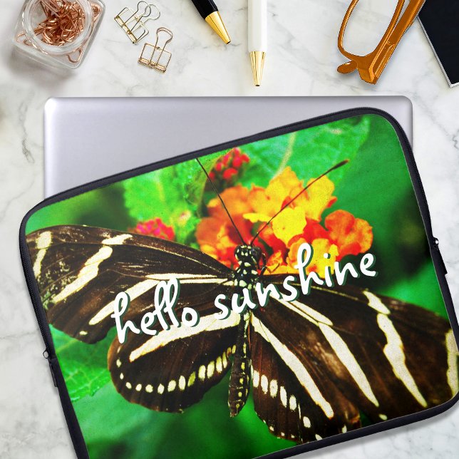 Hello Sunshine Script Black White Stripe Butterfly Laptop Sleeve (Creator Uploaded)