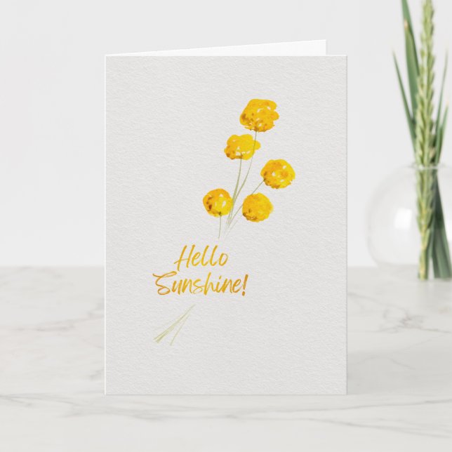 Hello Sunshine Yellow Billy Buttons Watercolor Card (Front)