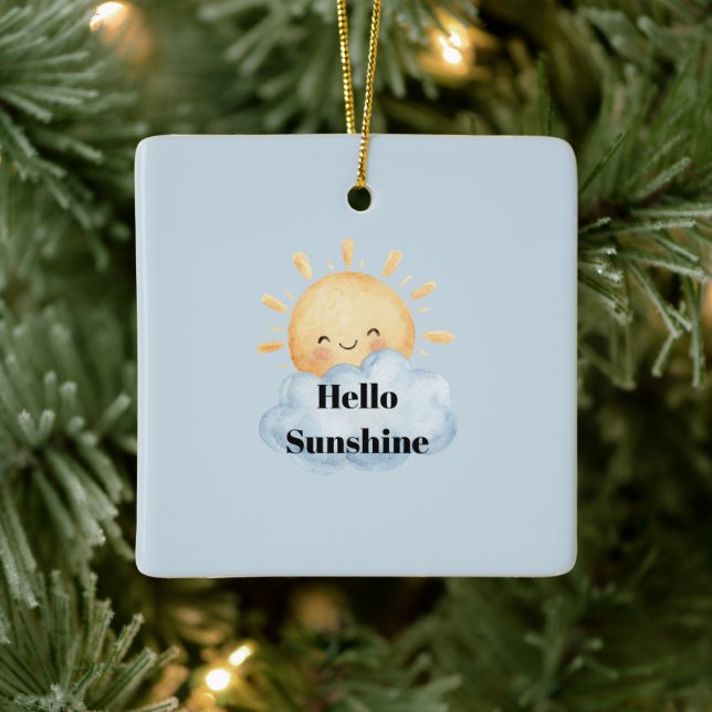 Hello Sunshine Yellow Happy Sun Cloud Christmas Ceramic Ornament (Tree)