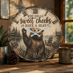 Hello Sweet Cheeks Rustic Bear Funny Lake Cabin Large Clock