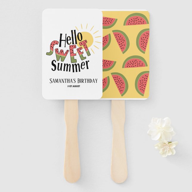 Hello Sweet Summer Watermelon Pool Party Bday  Hand Fan (Front and Back)