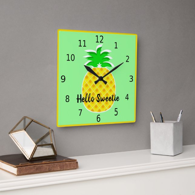Hello Sweetie, cute yellow pineapple, kitchen  Square Wall Clock (Office)