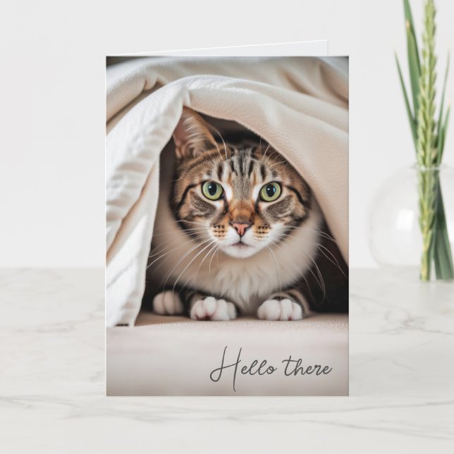 Hello Tabby Cat Under Blanket Card (Front)