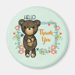 Hello Teddy Bear with Flowers Thank You Magnet