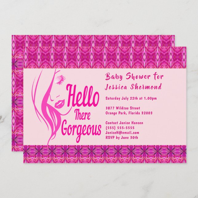 Hello There Lady Face Pink Pattern Baby Shower Invitation (Front/Back)