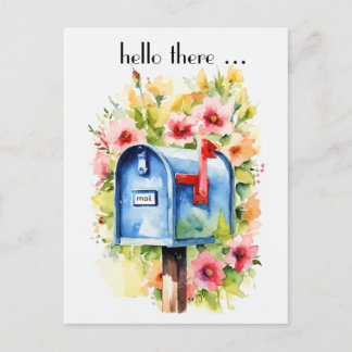 Hello There | Mailbox and Flowers Watercolor Postcard