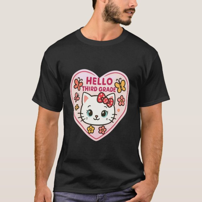 Hello Third Grade 3rd Grader Girl Kitten Cat Back  T-Shirt (Front)