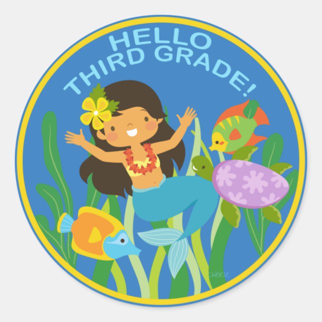 Hello Third Grade!! Cute Mermaid  Classic Round Sticker (Front)
