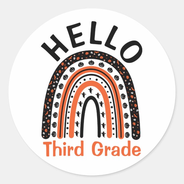 Hello Third Grade Halloween teacher boho rainbow Classic Round Sticker (Front)