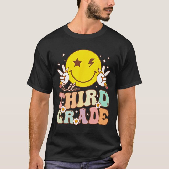 Hello Third Grade Hippie Smile Face 3rd Grade Back T-Shirt (Front)