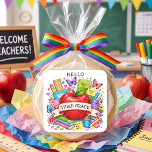 Hello Third Grade Retro Apple Square Sticker