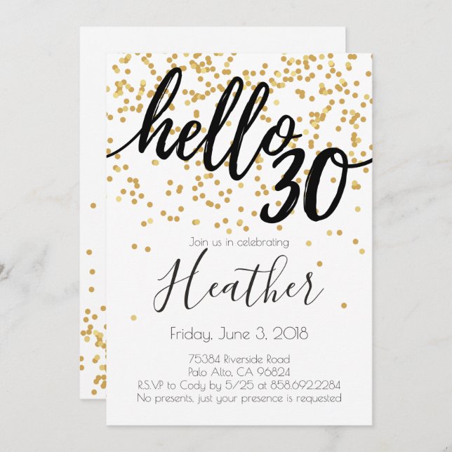 Hello Thirty 30th Birthday Gold and Black Confetti Invitation (Front/Back)