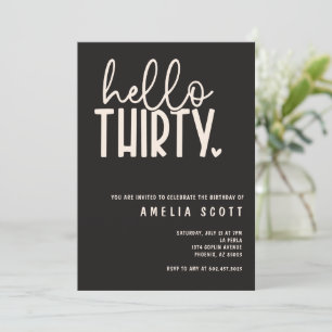 Hello Thirty 30th Birthday Modern Black Minimal Invitation