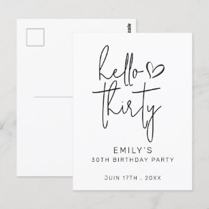 Hello Thirty Birthday Minimal Black White Modern Postcard