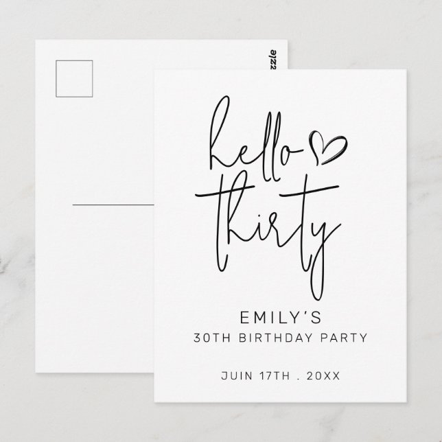 Hello Thirty Birthday Minimal Black White Modern Postcard (Front/Back)