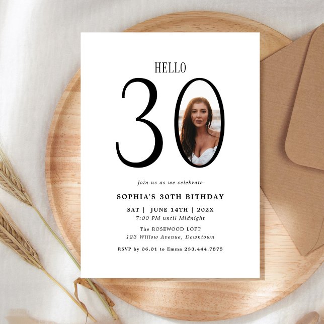Hello Thirty Black and White Photo 30th Birthday Invitation (Creator Uploaded)
