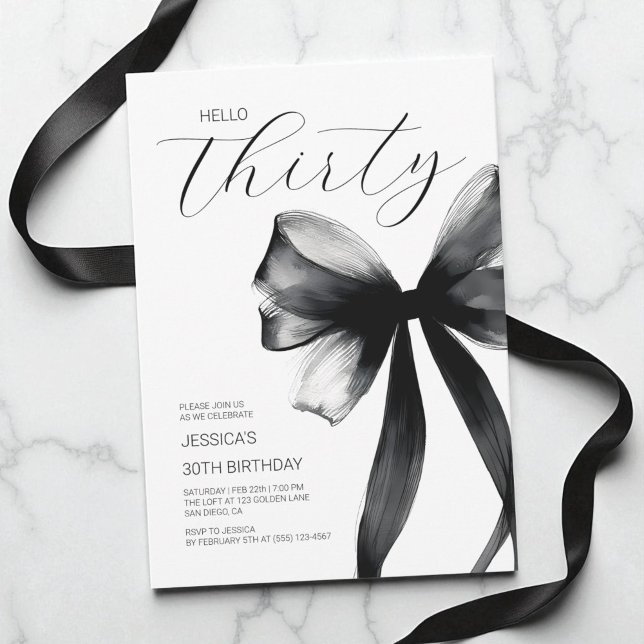 Hello Thirty Elegant Script Chic Bow 30th Birthday Invitation (Hello Thirty Elegant Script Bow 30th Birthday Invitation)