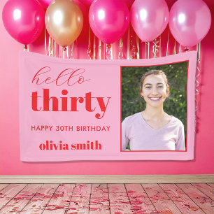 Hello Thirty Modern Pink Red 30th Birthday Photo Banner