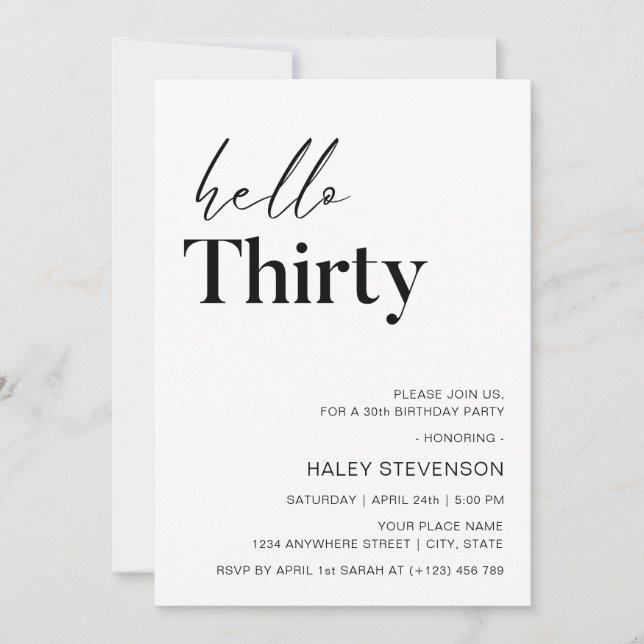 Hello Thirty Modern White Minimalist 30th Birthday Invitation (Front)