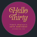 Hello Thirty Retro wine red & gold 30th Birthday Classic Round Sticker<br><div class="desc">Add a stylish finishing touch to your milestone celebration with this Hello Thirty Retro 30th Birthday Classic Round Sticker, featuring bold retro typography in a rich wine red and gold design. Perfect for sealing envelopes, decorating favour bags, or adding flair to party décor, these customizable stickers can be personalized with...</div>