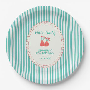 Hello Thirty Vintage Floral Stripes 30th Birthday Paper Plate