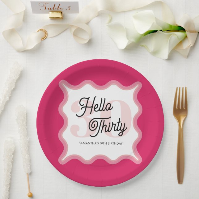 Hello Thirty Wavy Groovy 30th Birthday  Paper Plate (Wedding)