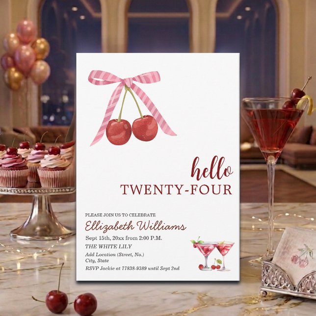 Hello Twenty Four Cherry Martini Birthday Party Invitation (Creator Uploaded)