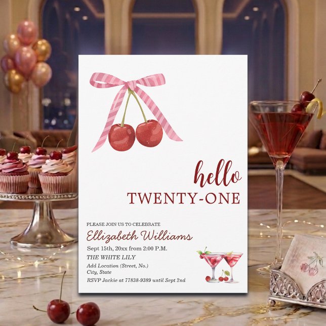 Hello Twenty One Cherry Martini Birthday Party Invitation (Creator Uploaded)