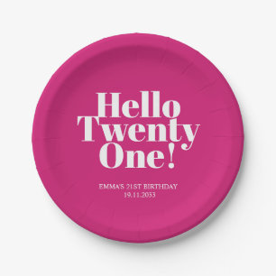 Hello Twenty One Hot Pink 21st Birthday Party Paper Plate