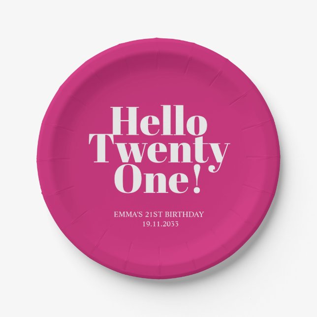  Hello Twenty One Hot Pink 21st Birthday Party Paper Plate (Front)